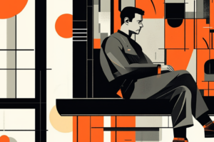 black and orange graphic of man sitting in jail