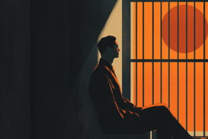 graphic of man sitting in jail cell with orange moon outside
