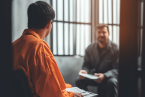inmate in orange talking to a bail bond provider about requirements in a cell