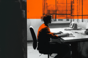 man sitting in a bail bonds office black and white with orange accents